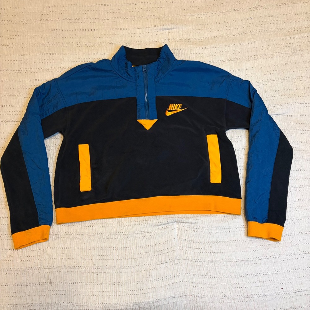 Nike Womens Fleece Quarter Zip Colorblock Crop Pullover Black Blue Orange Small
